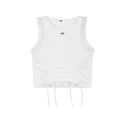 White sleeveless top with drawstring on a white background