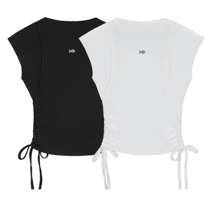 Black and white tops with fish emblem on a white background