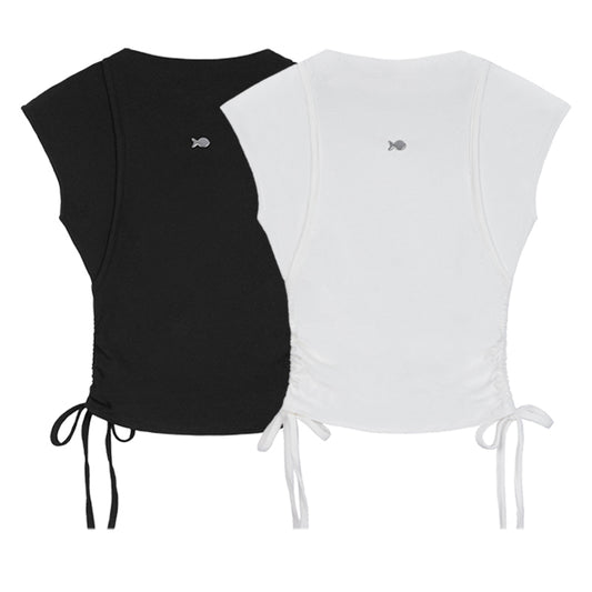 Black and white tops with fish emblem on a white background