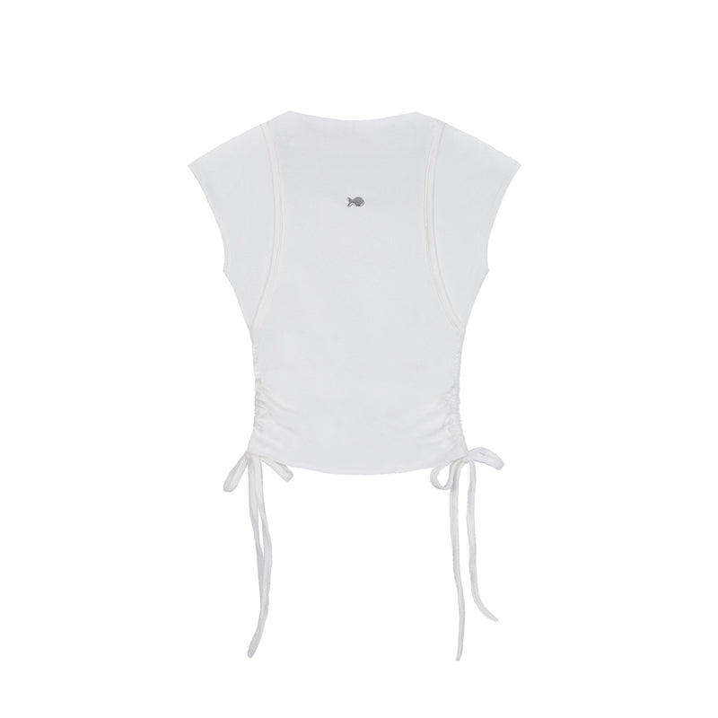 White crop top with tie details on a white background