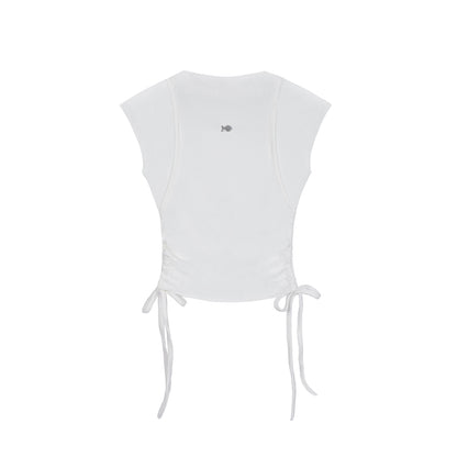 White crop top with tie details on a white background