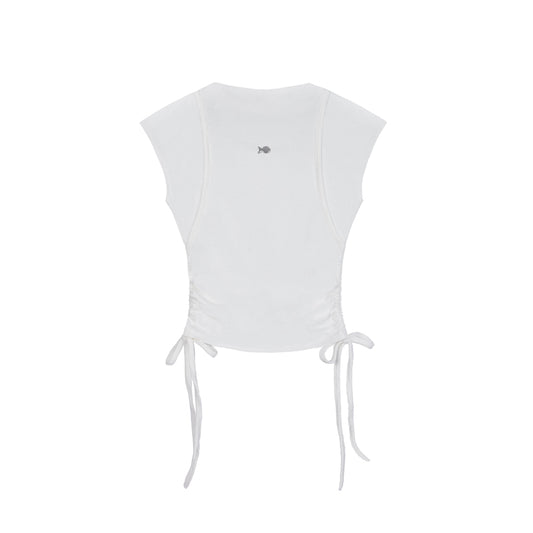 White crop top with tie details on a white background