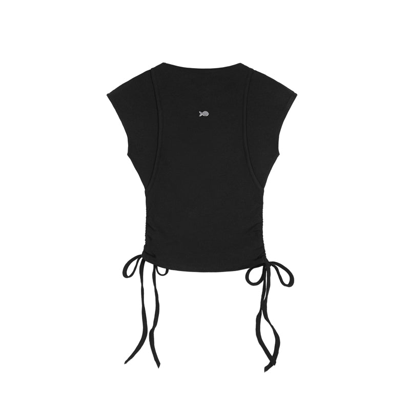 Black sleeveless top with tie sides on a white background