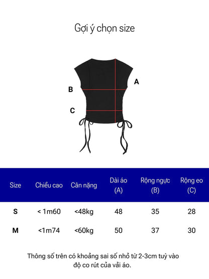 Size chart for a black top with measurements on a white background