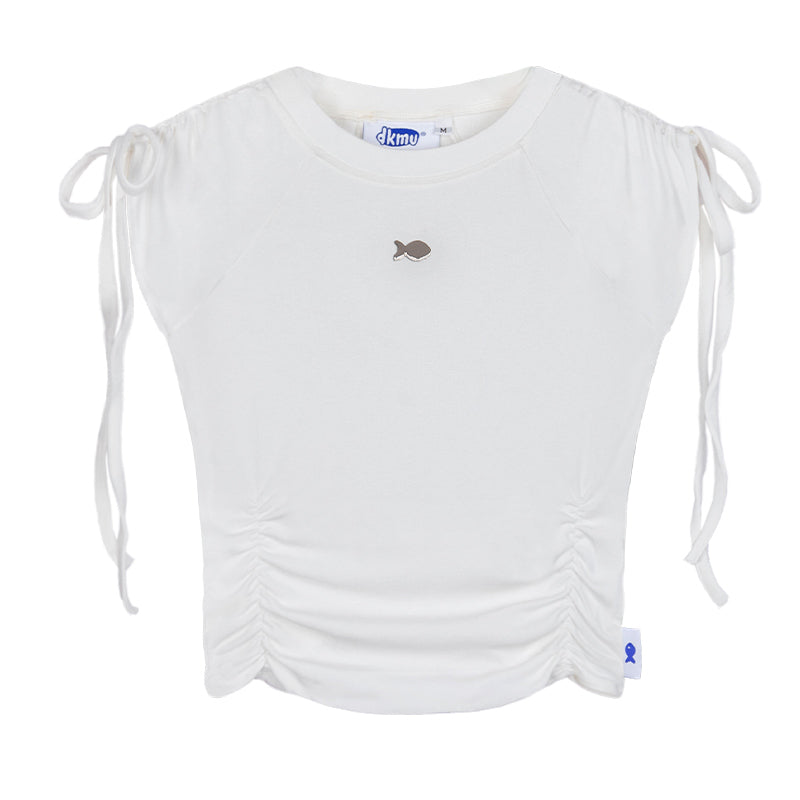 White top with tie sleeves and a small logo on a white background