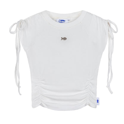White top with tie sleeves and a small logo on a white background