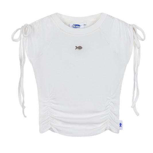 White top with tie sleeves and a small logo on a white background