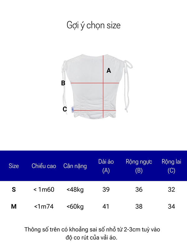 Measurement chart for a white garment with labeled dimensions on a white background