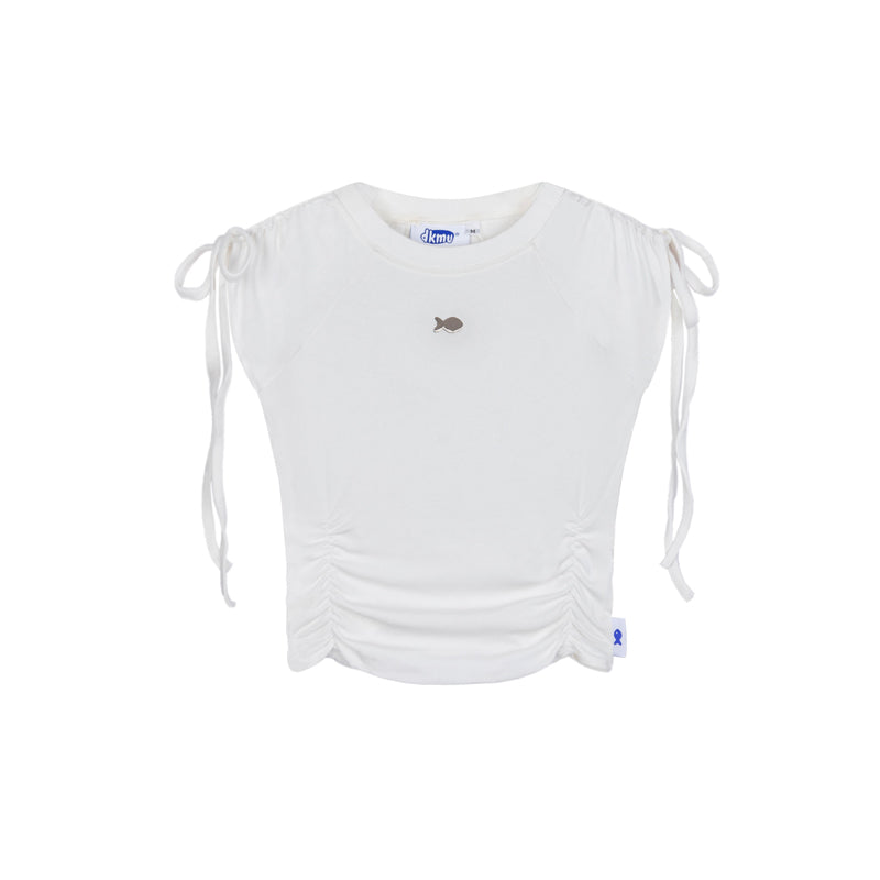 White top with tie sleeves and fish emblem on a white background