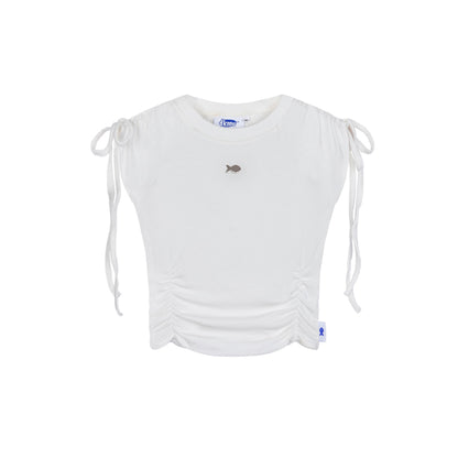 White top with tie sleeves and fish emblem on a white background