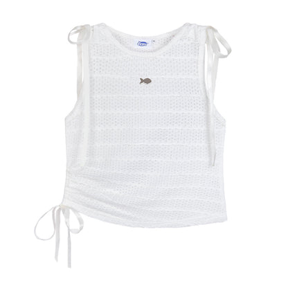 White sleeveless top with fish embroidery and tie straps on a white background