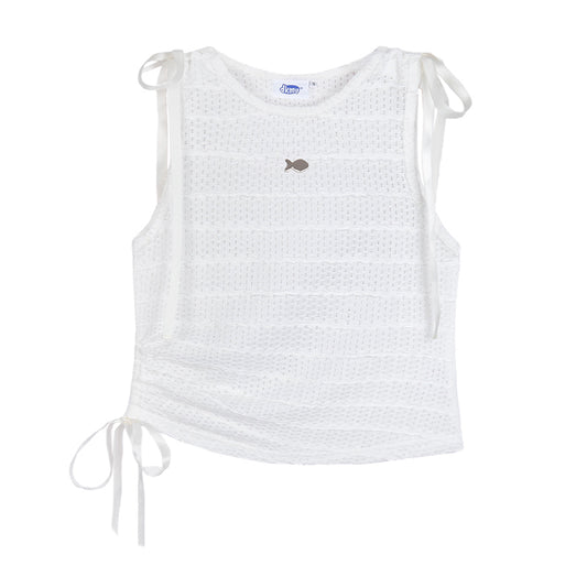 White sleeveless top with fish embroidery and tie straps on a white background