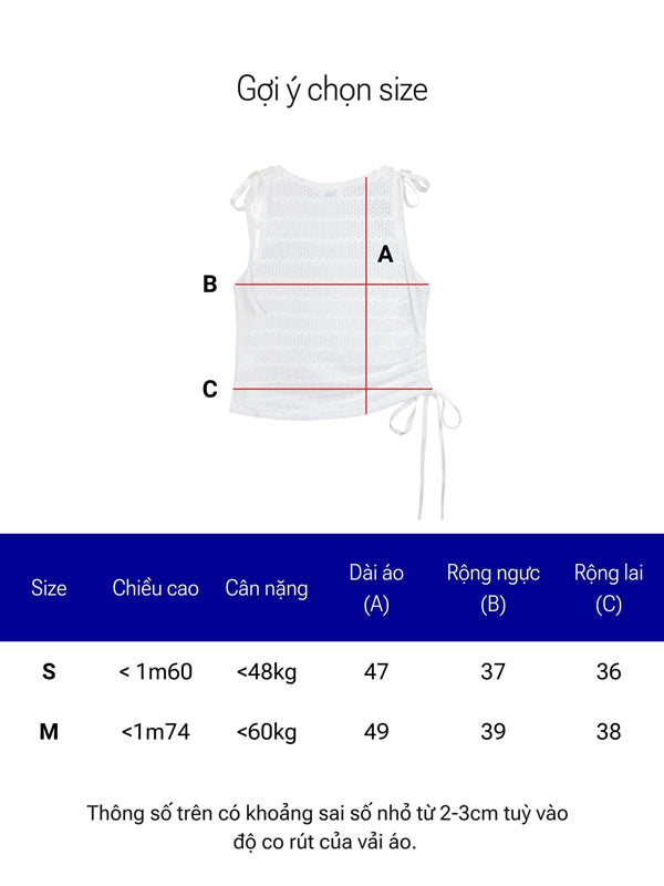 Measurement chart for a white apron with size guide in Vietnamese