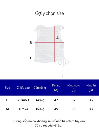 Measurement chart for a white apron with size guide in Vietnamese