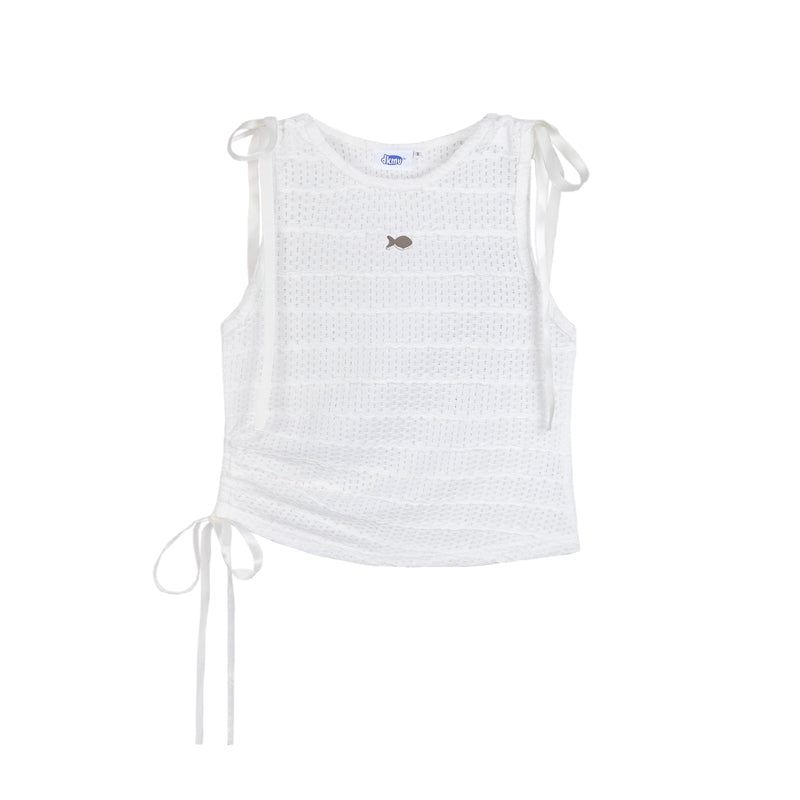 White sleeveless top with fish emblem on a white background