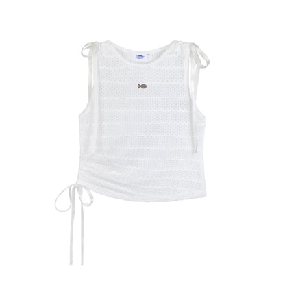 White sleeveless top with fish emblem on a white background