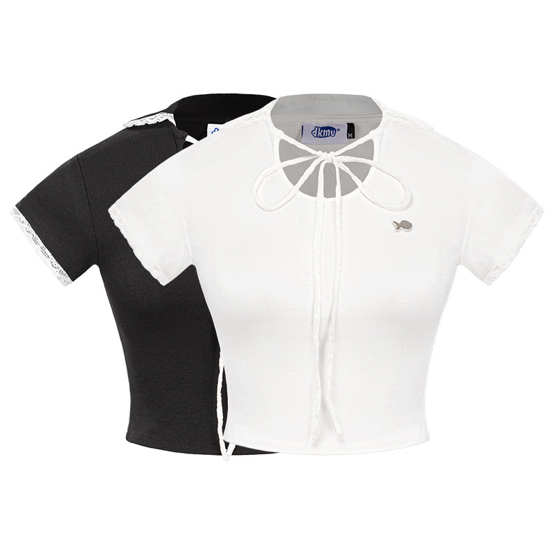 Black and white short-sleeve blouses with a brand label on a white background