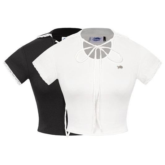 Black and white short-sleeve blouses with a brand label on a white background