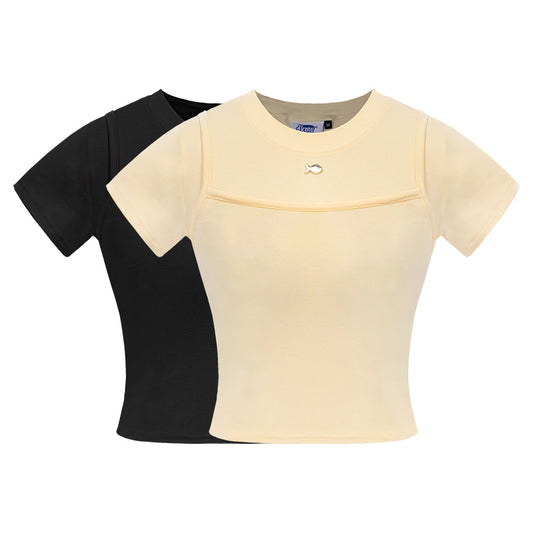 Black and beige short-sleeve shirts on a white background