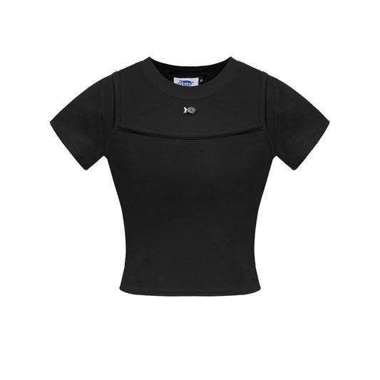 Black crop top with a brand label on a white background