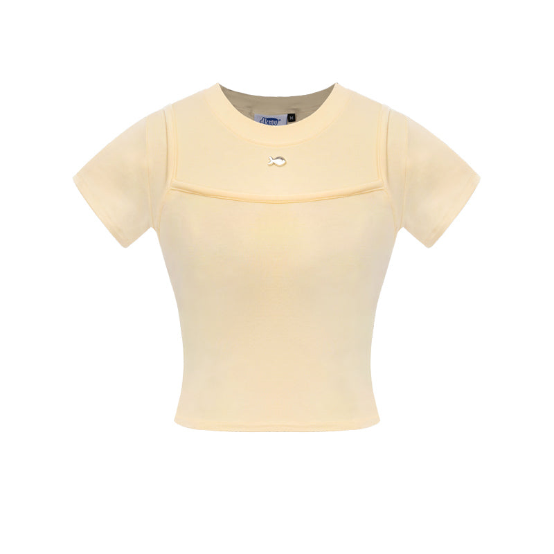 Beige crop top with a brand logo on a white background