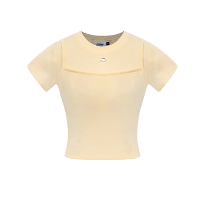 Beige crop top with a brand logo on a white background