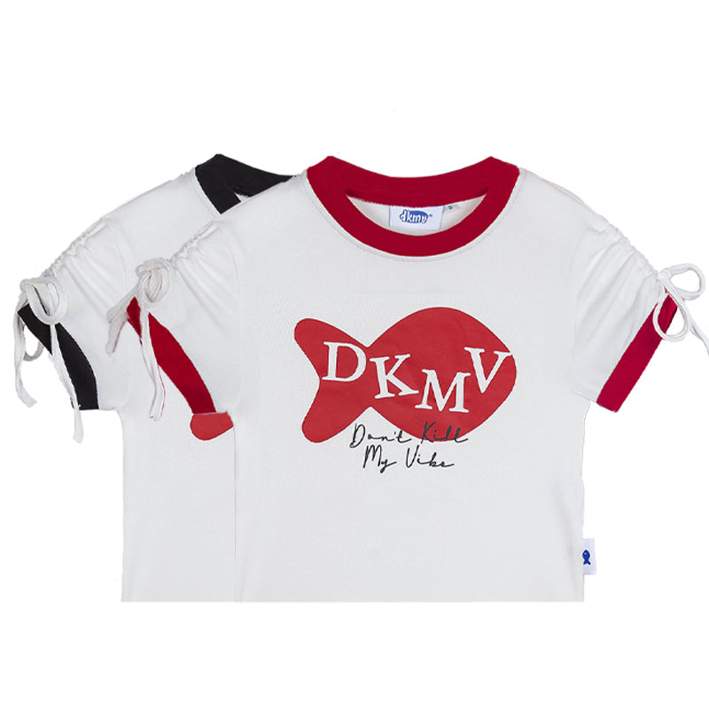 White t-shirt with red fish graphic and 'DKMV' text on a white background