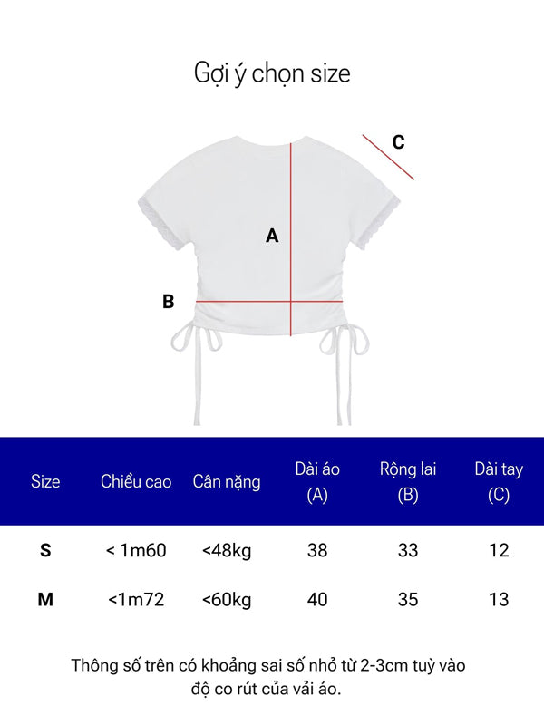 White crop top with size chart on a white background