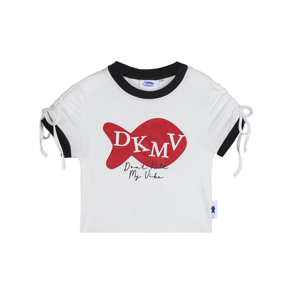 White t-shirt with red heart and text on a white background