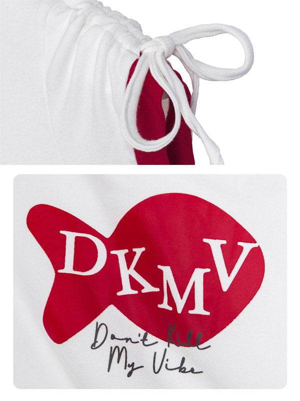 White drawstring bag with red heart-shaped logo and 'DKMV' text on a white background