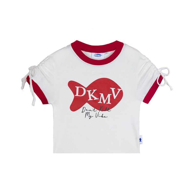White t-shirt with red accents and 'DKMV' logo on a white background