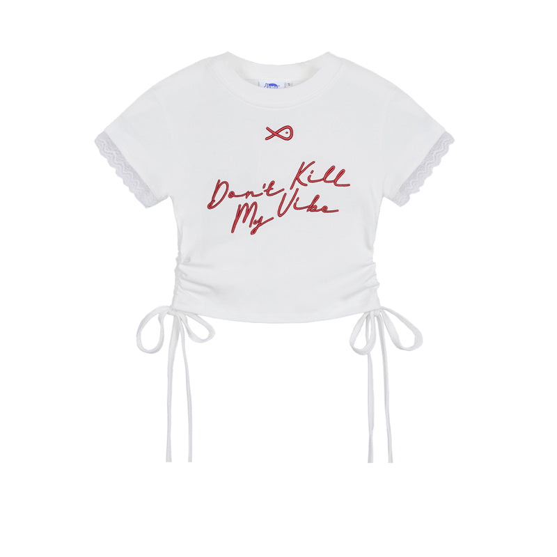 White t-shirt with red text 'Don't Kill My Vibe' on a white background