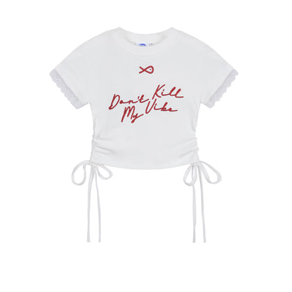 White t-shirt with red text 'Don't Kill My Vibe' on a white background