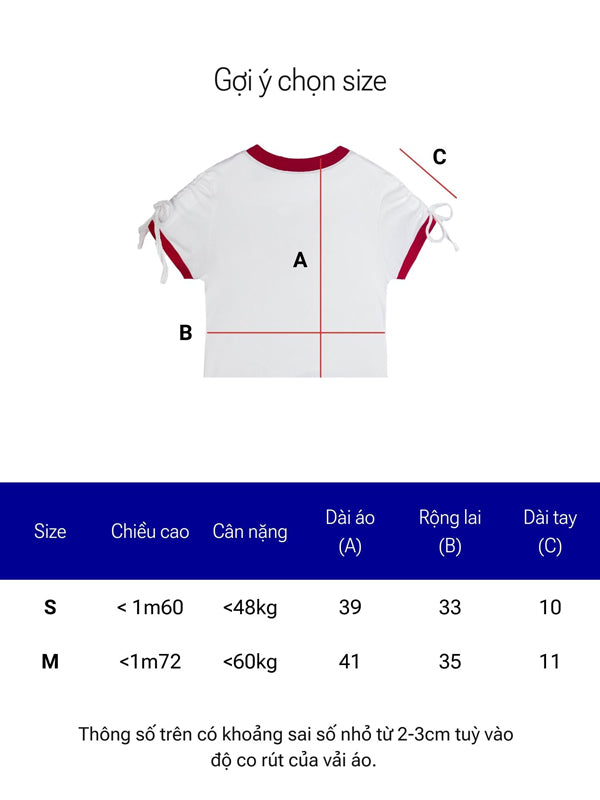 Size chart for a white t-shirt with red accents on a white background