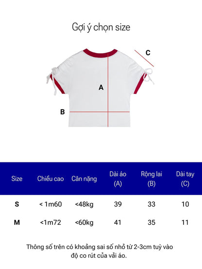 Size chart for a white t-shirt with red accents on a white background
