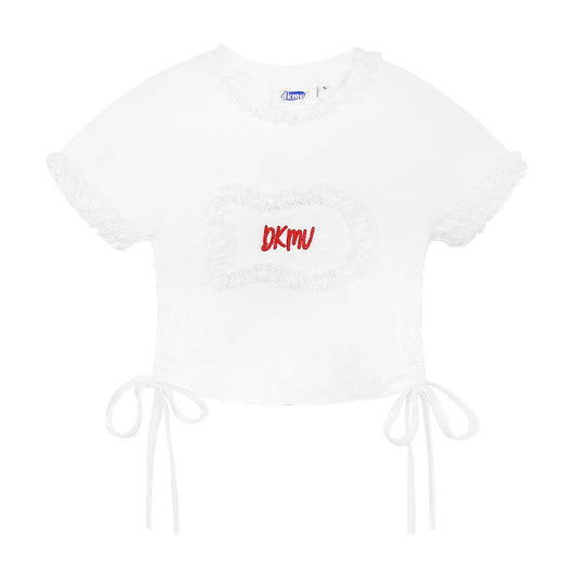 White top with red logo on a white background