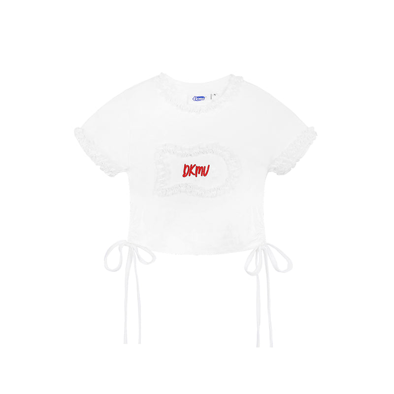 White crop top with red logo on a white background
