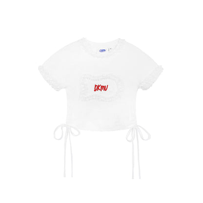 White crop top with red logo on a white background