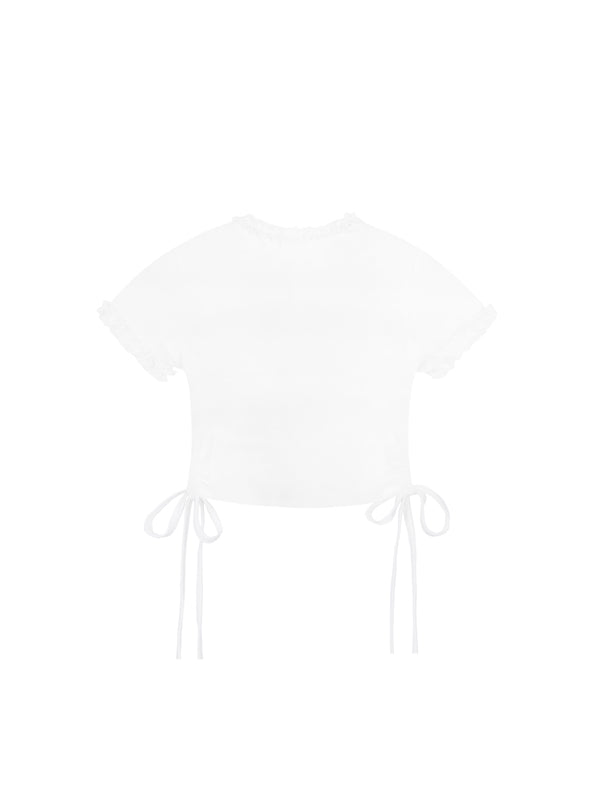 White hoodie with a small logo on a white background