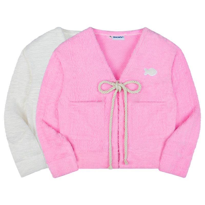 Pink fleece jacket with drawstring and white logo on a white background