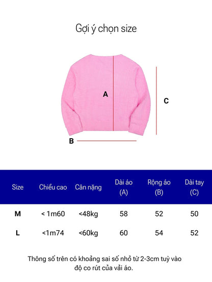 Pink jacket with size chart measurements on a white background