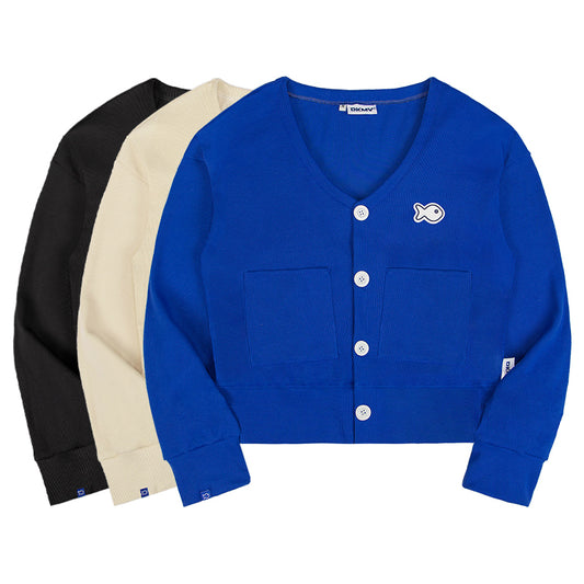 Blue cardigan with a fish emblem on a white background