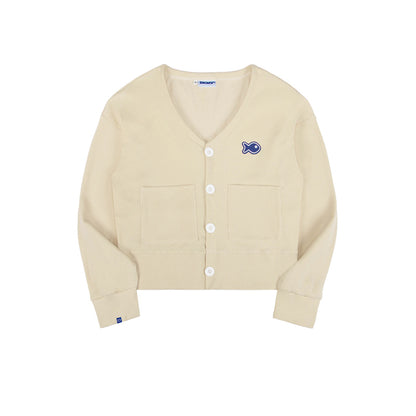 Beige cardigan with a logo on a white background
