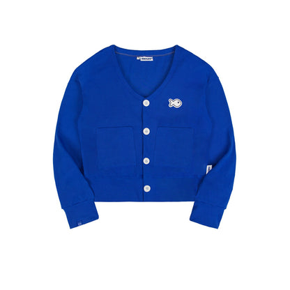 Blue cardigan with a logo on a white background