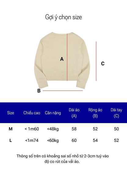 Beige sweater with size chart measurements on a white background
