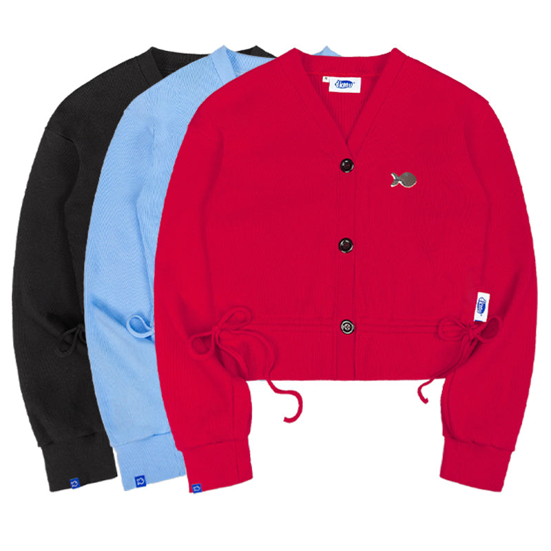 Red cardigan with a small fish emblem on a white background