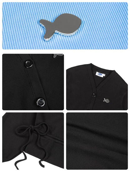 Black garment with fish-shaped button on blue textured background