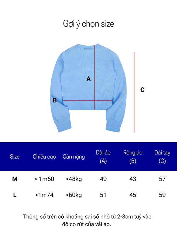 Blue sweater with size chart measurements on a white background