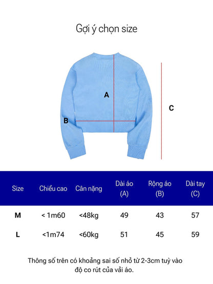 Blue sweater with size chart measurements on a white background