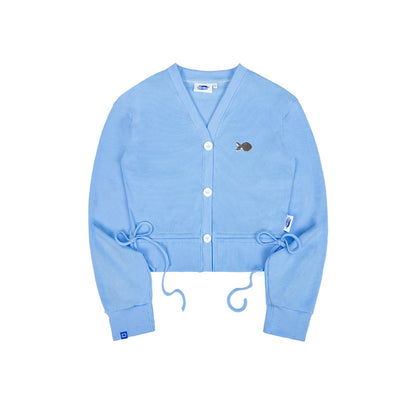 Light blue cardigan with white buttons on a white background